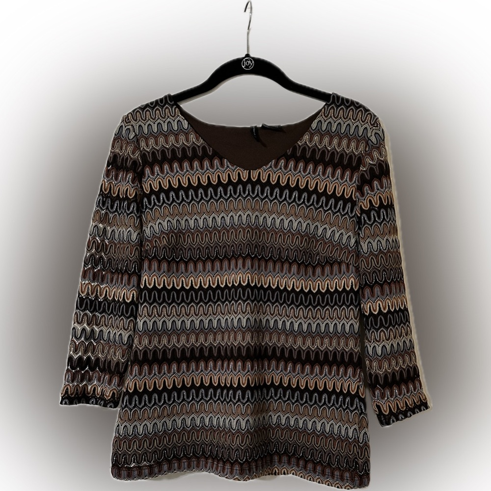 New Directions Brown and Cream Zigzag Blouse
